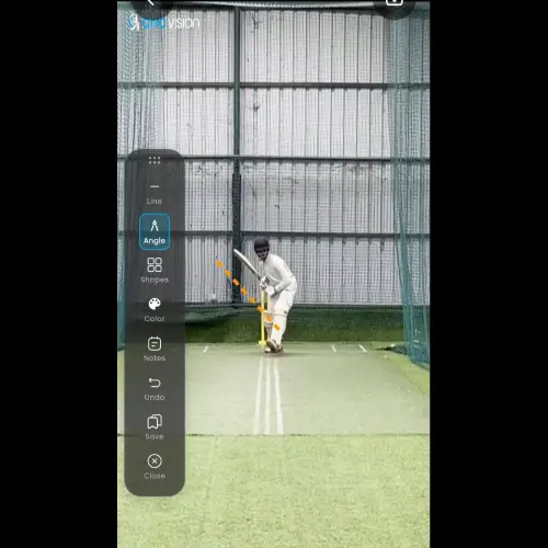 AI Cricket Coaching app analyzing batting stance with angle and annotation tools for real-time cricket coaching feedback and performance analysis.
