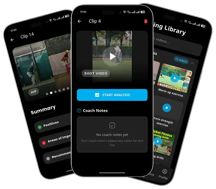 AI Cricket Coaching app interface showing real-time cricket coaching feedback, video analysis, and AI-powered cricket analytics tools for players and academies.
