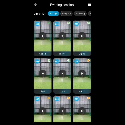AI Cricket Coaching app video clips dashboard showing cricket practice sessions for real-time analysis, feedback, and performance tracking.
