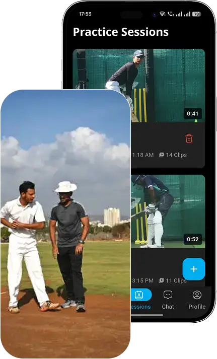 AI Cricket Coaching app for cricket academy practice sessions, offering real-time cricket coaching feedback, video session tracking, and AI-powered cricket analytics for players.
