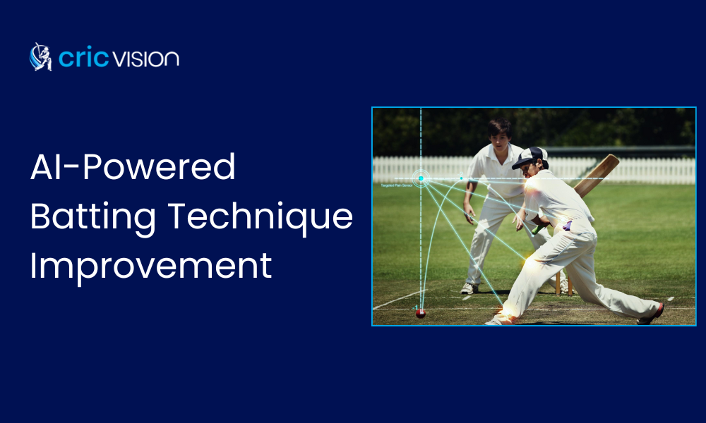 Cricketer practicing on-field with digital motion tracking lines, representing AI-powered batting technique improvement by CricVision.
