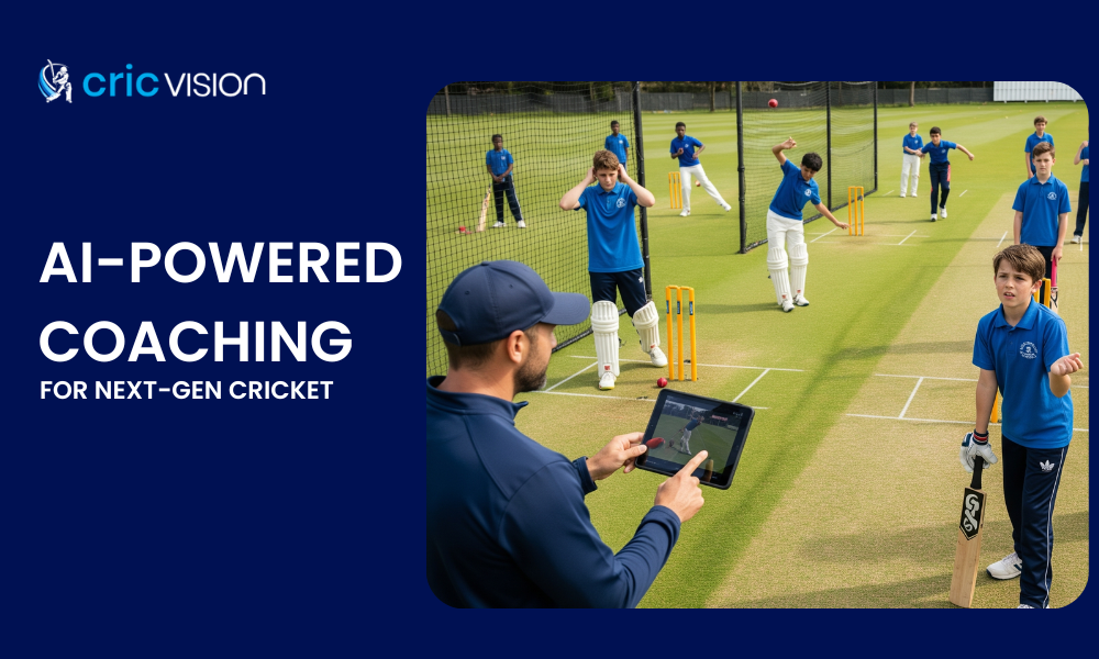 Coach using an AI-Powered Cricket Coaching App on a tablet to train young cricketers in practice nets for next-gen cricket development.