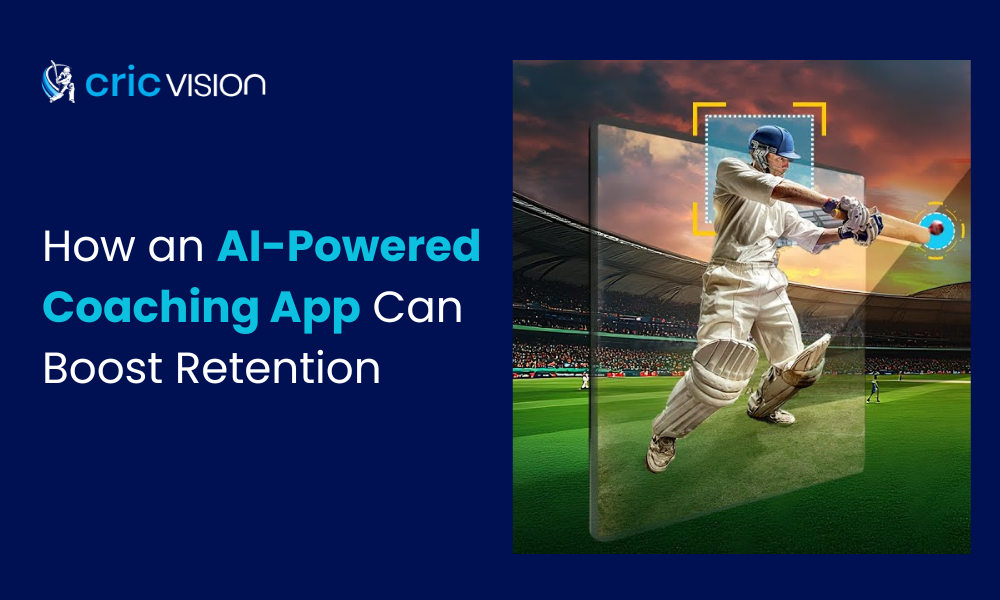 Banner showing a cricket player using an AI-Powered Coaching App for performance analysis, with smart tracking visuals and CricVision branding.