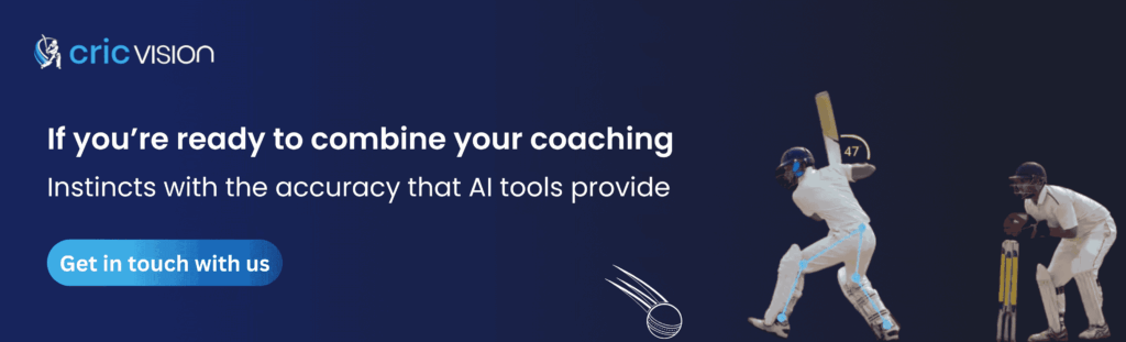Cricket coaching banner showing players with motion tracking overlays, promoting the benefits of AI Video Analysis for improving training accuracy.