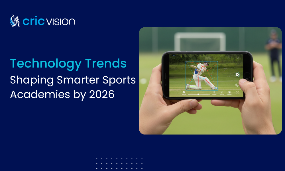 Smartphone displaying cricket batting shot analysis with motion tracking technology, representing technology trends shaping smarter sports academies