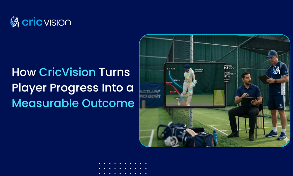 AI cricket analytics dashboard tracking player progress with CricVision during cricket academy training