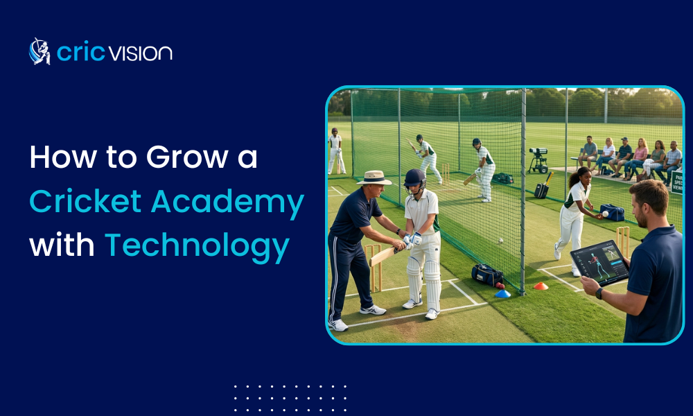 How to Grow a Cricket Academy with Technology: Cricket coach using AI-powered video analysis to train young players during a net practice session while parents observe player development.
