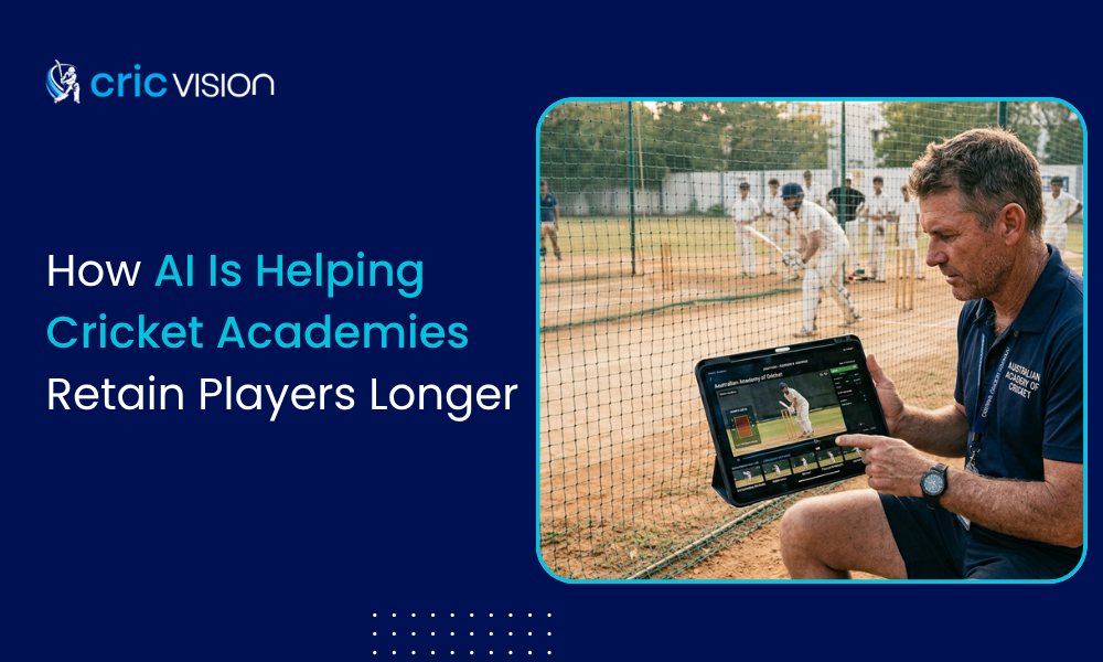 Cricket coach using AI video analysis technology during a training session to improve cricket academy player retention at a cricket academy.