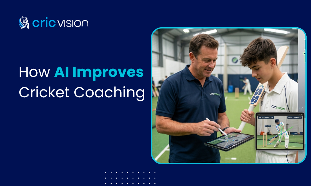 Cricketer and coach reviewing AI-powered batting analysis on a tablet during a cricket coaching session, with the headline “How AI Improves Cricket Coaching.